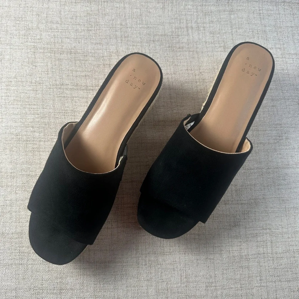 New Day Black Espadrille Wedge Slide Sandals Women's Size 9 Faux Suede